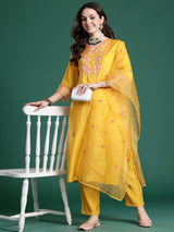 Women's Mustard Solid Straight Kurta Trouser With Dupatta set