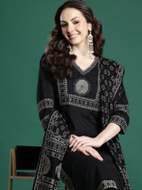 Women's Black Printed Straight Kurta Trouser With Dupatta set