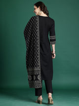 Women's Black Printed Straight Kurta Trouser With Dupatta set