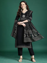 Women's Black Printed Straight Kurta Trouser With Dupatta set