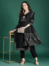 Women's Black Printed Straight Kurta Trouser With Dupatta set