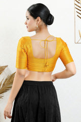 Women's Yellow Mulbury Silk Padded Front Open Elbow Sleeves Saree Blouse