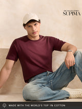 Men's Maroon Solid Round Neck Supima Tshirt