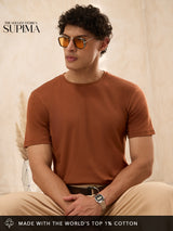 Men's Brown Solid Round Neck Supima Tshirt