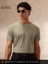 Men's Green Solid Round Neck Supima Tshirt