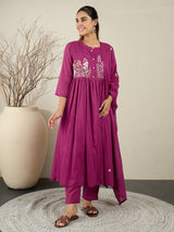 Women's Burgundy Embroidered Anarkali Kurta Trouser With Dupatta Set