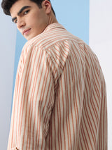 Men's Orange Striped Cotton Linen Shirt
