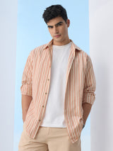 Men's Orange Striped Cotton Linen Shirt