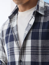 Men's Blue Checked Cotton Linen Shirt