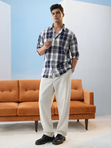 Men's Blue Checked Cotton Linen Shirt