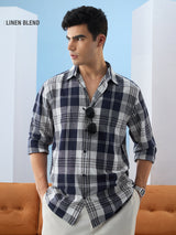 Men's Blue Checked Cotton Linen Shirt