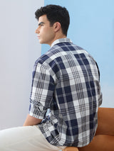 Men's Blue Checked Cotton Linen Shirt