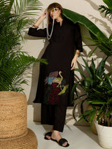 Women's Black Embroidered A-Line Kurta Palazzo Set