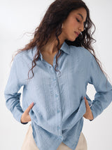 Women's Blue Casual Regular Fit Solid Full Sleeves Shirt