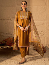 Women's Mustard Printed Straight Kurta Trousers With Dupatta Set