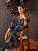 Women's Blue Printed Straight Kurta Trouser With Dupatta Set