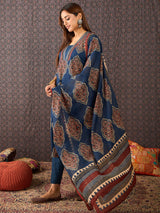 Women's Blue Printed Straight Kurta Trouser With Dupatta Set