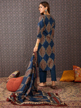 Women's Blue Printed Straight Kurta Trouser With Dupatta Set