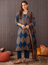 Women's Blue Printed Straight Kurta Trouser With Dupatta Set