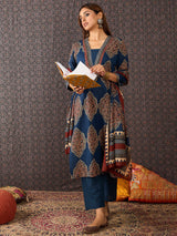 Women's Blue Printed Straight Kurta Trouser With Dupatta Set