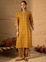 Women's Mustard Printed Straight Kurta Trouser set