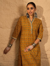 Women's Mustard Printed Straight Kurta Trouser set