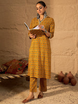 Women's Mustard Printed Straight Kurta Trouser set