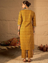 Women's Mustard Printed Straight Kurta Trouser set