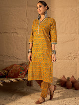 Women's Mustard Printed Straight Kurta Trouser set