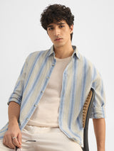 Men's Blue Striped Cotton Linen Shirt