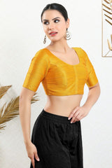 Women's Yellow Mulbury Silk Padded Front Open Elbow Sleeves Saree Blouse