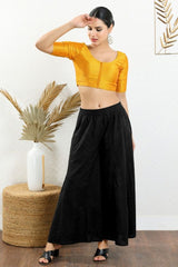 Women's Yellow Mulbury Silk Padded Front Open Elbow Sleeves Saree Blouse