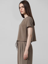 Women's Gray Woven Casual Solid Cropped Half Sleeves Top