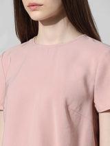 Women's Pink Woven Casual Solid Cropped Half Sleeves Top