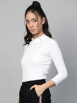 Women's White Rib High Neck Full Sleeve Top