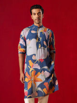 Men's Blue Cotton Blend Floral Printed Kurta