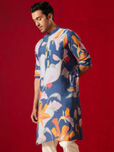 Men's Blue Cotton Blend Floral Printed Kurta
