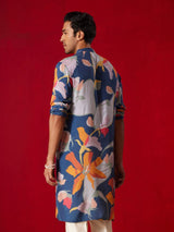 Men's Blue Cotton Blend Floral Printed Kurta