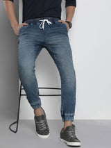 Men's Slim Fit Solid Mid Rise Stretchable Denim Joggers