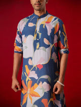 Men's Blue Cotton Blend Floral Printed Kurta