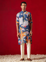 Men's Blue Cotton Blend Floral Printed Kurta