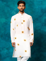 Men's White Cotton Sunflower Printed Kurta