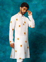 Men's White Cotton Sunflower Printed Kurta