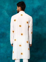 Men's White Cotton Sunflower Printed Kurta