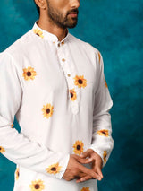 Men's White Cotton Sunflower Printed Kurta