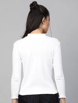 Women's White Rib High Neck Full Sleeve Top