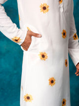 Men's White Cotton Sunflower Printed Kurta