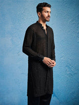 Men's Black Embroidered Georgette Stylish Kurta
