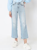 Women's Blue High Rise Distressed Wide Leg Jeans