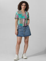 Women's Green Woven Casual Printed Cropped Half Sleeves Shirt